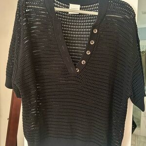 Varley Black Open-Weave V-Neck Sweater with Button Placket